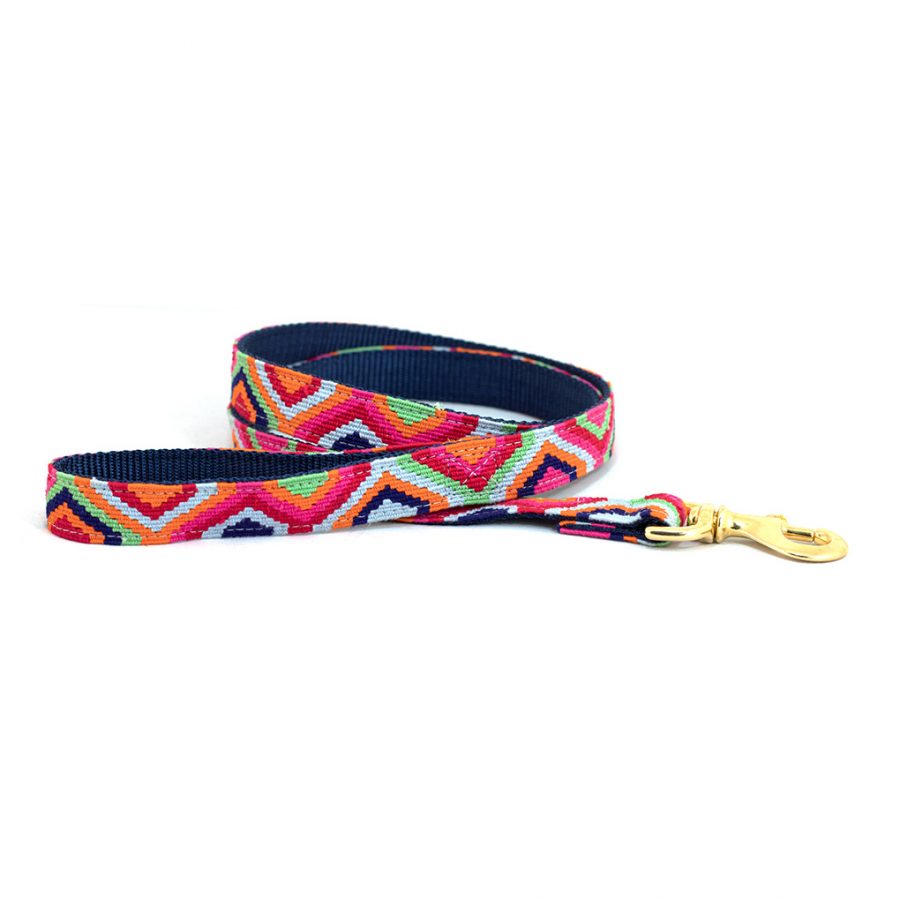 Handmade cotton dog leash with navy zigzag weave and brass leash clip