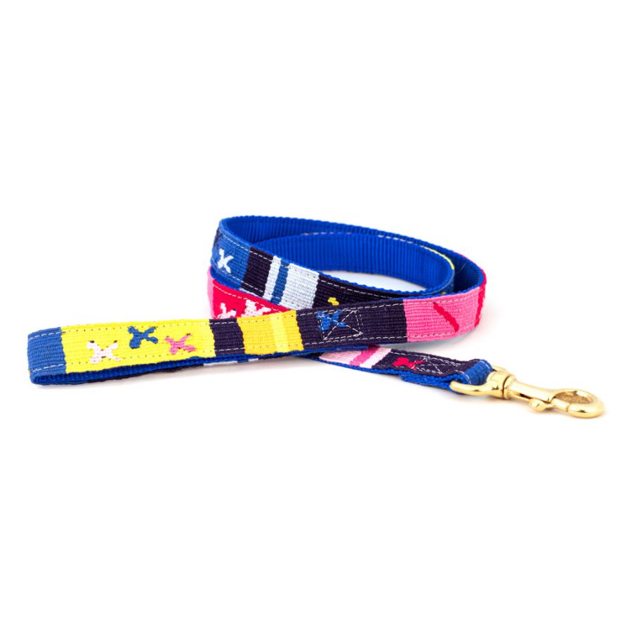 Handwoven cotton dog leash with multicolor geometric pattern and brass clasp