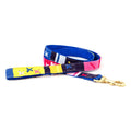 Handwoven cotton dog leash with multicolor geometric pattern and brass clasp