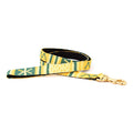 Handmade cotton dog leash with woven yellow-and-green pattern and brass clasp