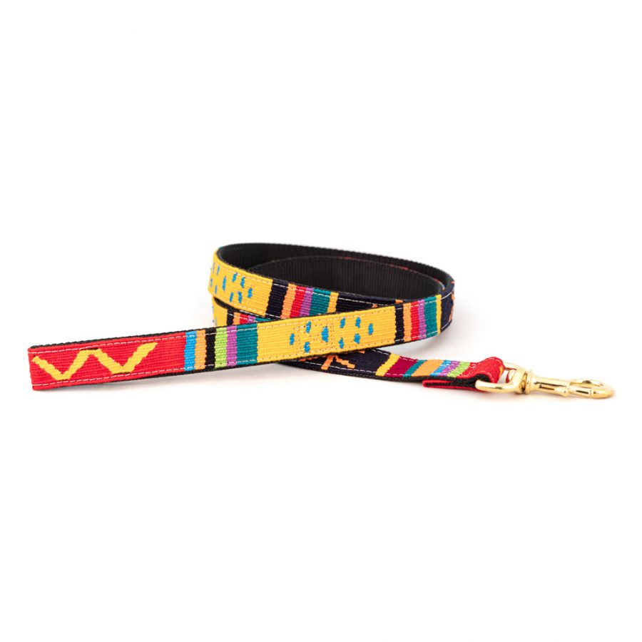 Multicolor woven cotton dog leash with geometric pattern and brass clip