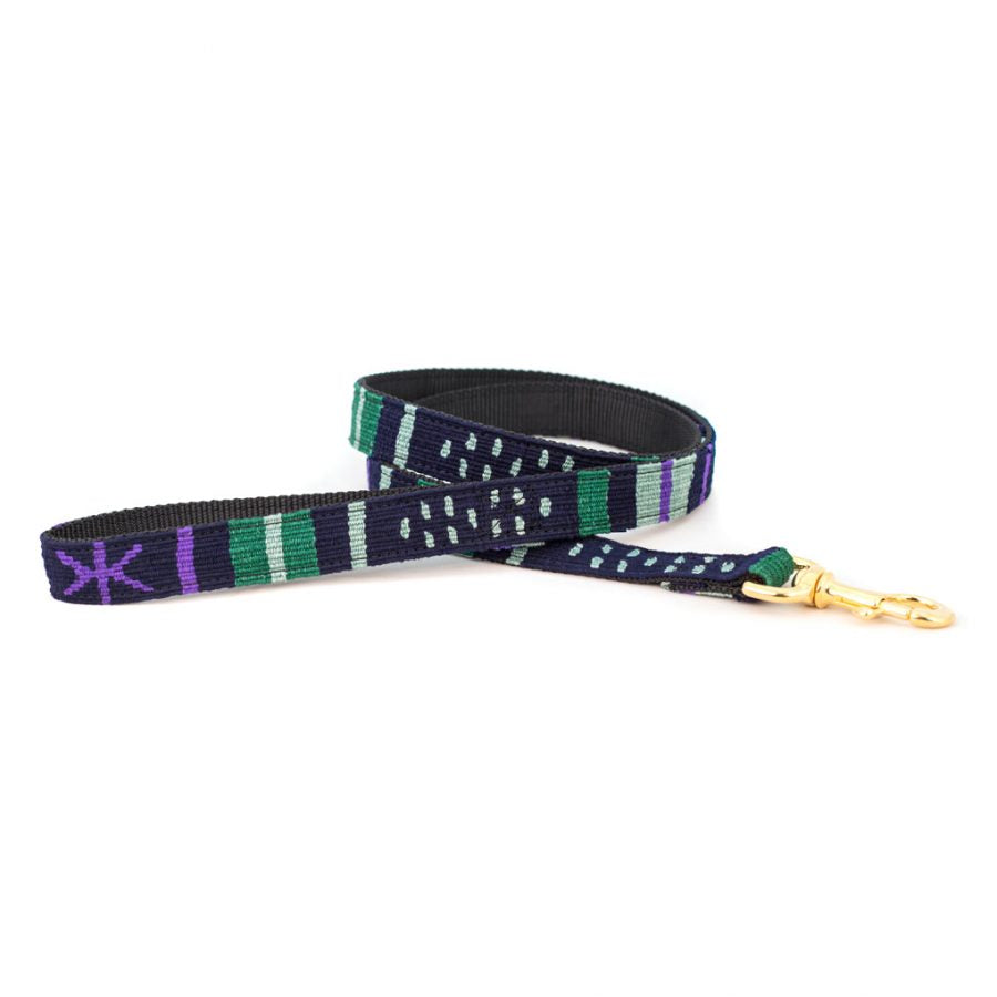 Handmade cotton dog leash with woven dark navy, green and purple stripes; brass clip.
