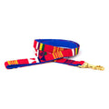 Handmade cotton dog leash with red, blue, and yellow woven strap and brass clip.