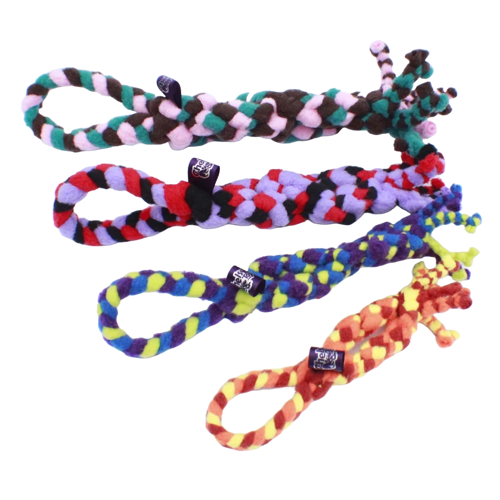 Striped fleece tug toy with rope-like knots and plush animal tail end