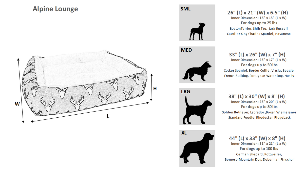 Alpine Lounger dog bed size chart with SML, MED, LRG, XL dimensions