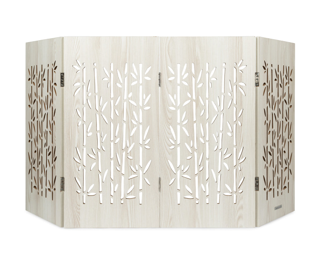 Freestanding indoor dog gate, light wood with leaf cutout decorative panels