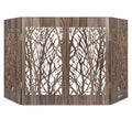 Freestanding indoor dog gate with barnwood panels and laser-cut branch design, dark brown