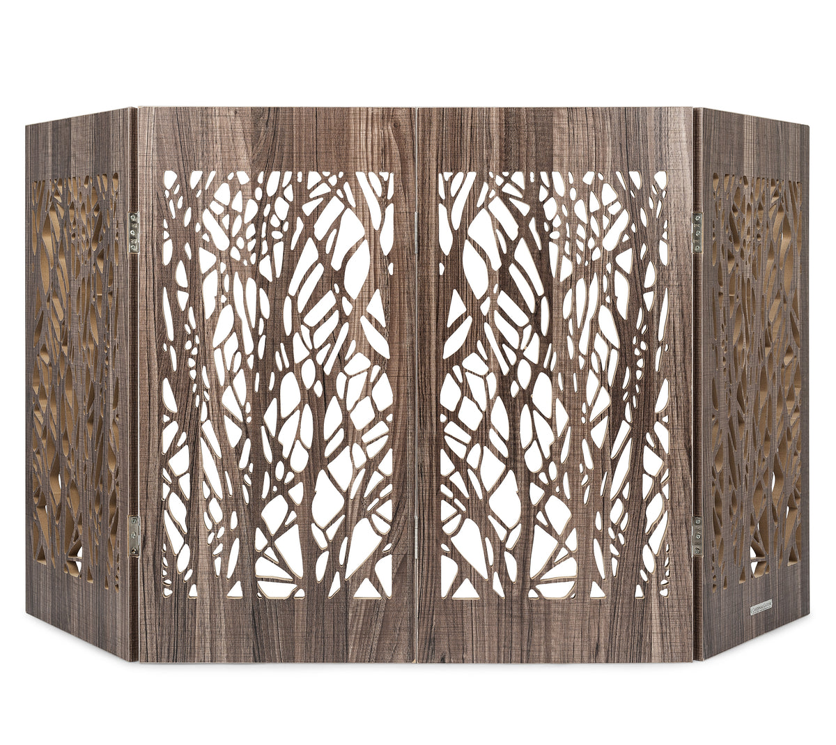 Freestanding indoor dog gate with barnwood panels and laser-cut branch design, dark brown
