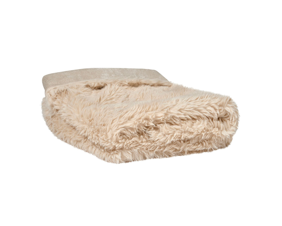 Reversible faux fur dog blanket, beige rolled fold with shaggy texture