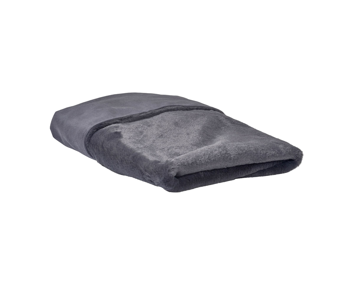 Reversible faux fur dog blanket, dark gray folded plush with smooth edge