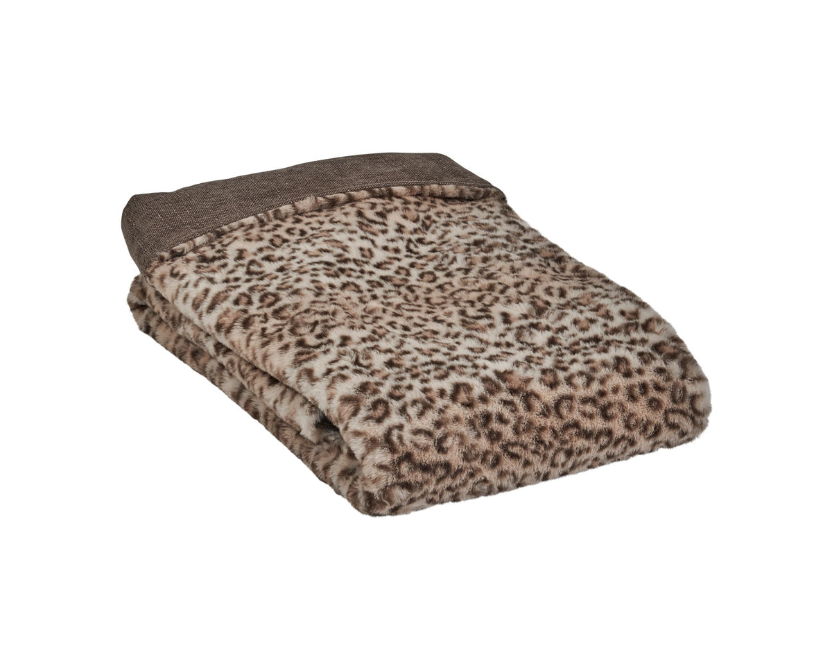 Reversible faux fur dog blanket, leopard print folded with brown backing