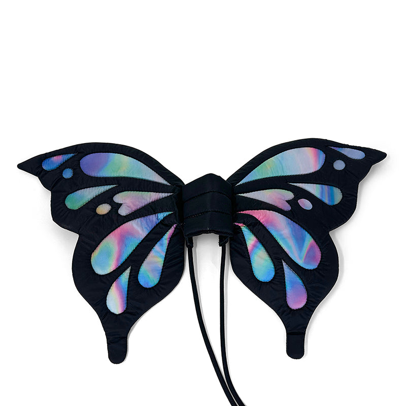 Dog butterfly wings costume with black iridescent wings and center bow harness straps