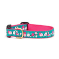 Pink dog collar with teal floral cherry blossoms and gold D-ring buckle