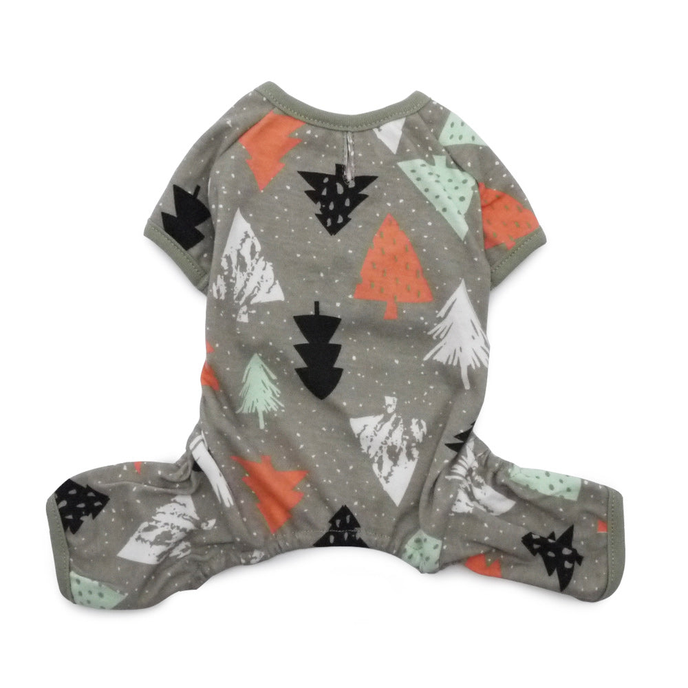 Gray short-sleeve pet pajama with winter tree and star graphics, leg openings