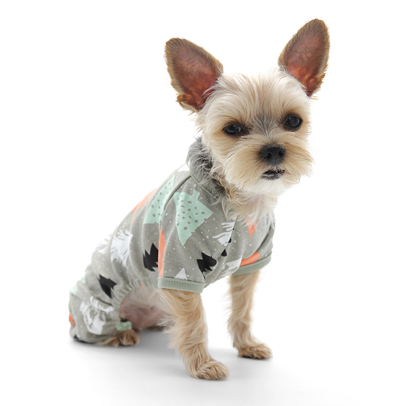 Gray forest-print pet pajama onesie with orange and black graphics, long sleeves