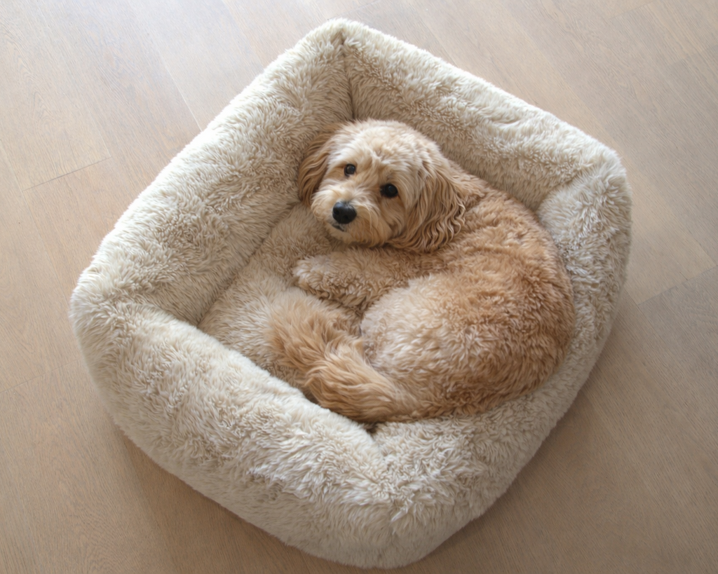Fluffernutter dog bed with cream plush cover, small dog resting in center