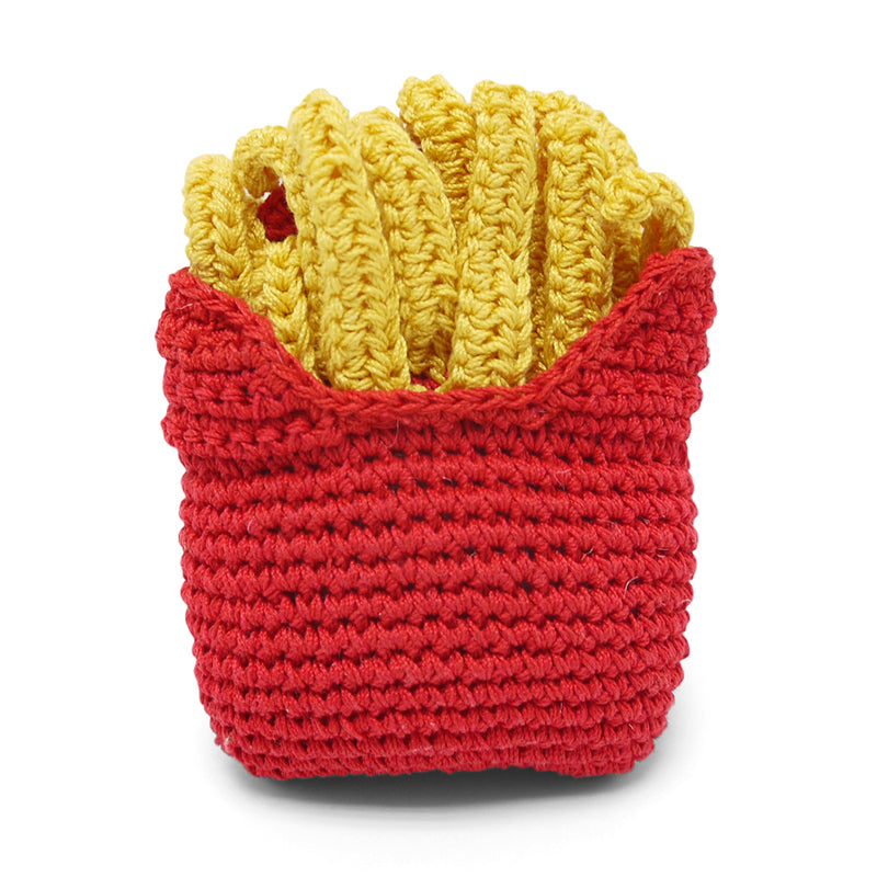 Crochet french-fries dog toy, red body and yellow top ridges.