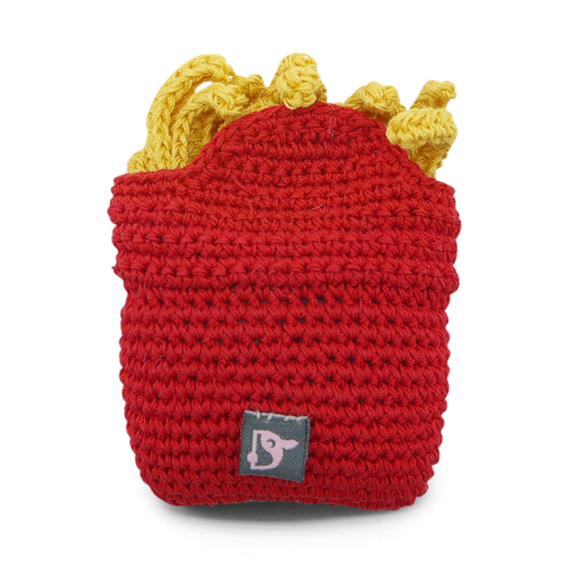 Crochet french-fries dog toy with tag, red pouch and yellow top ridges.
