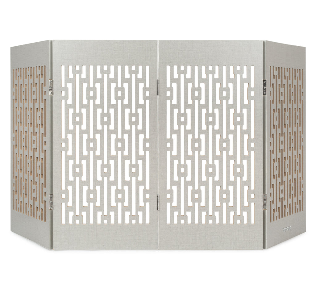 Gray freestanding indoor dog gate, geometric lattice panels, folding three sections