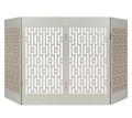 Gray freestanding indoor dog gate, geometric lattice panels, folding three sections