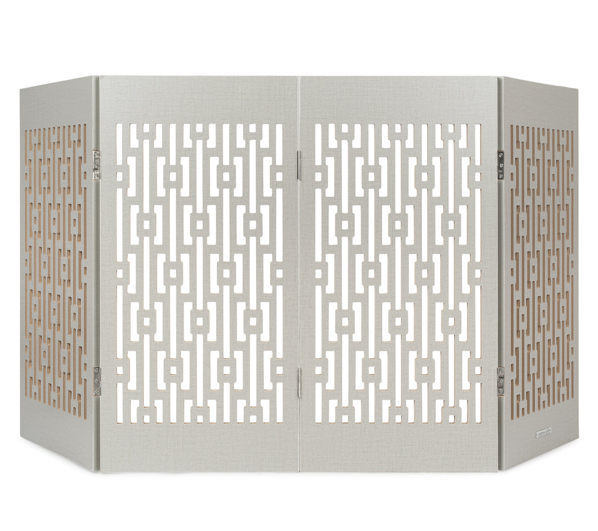 Gray freestanding indoor dog gate, geometric lattice panels, folding three sections