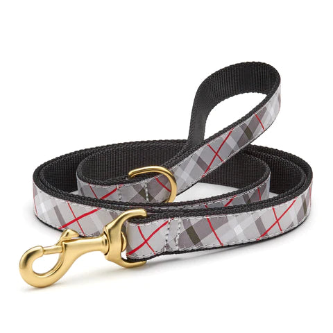 Grey plaid dog collar with gold clasp, brass D-ring, black edging