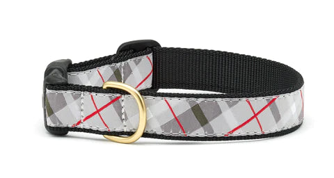 Grey plaid dog collar with brass buckle and D-ring, black edging