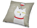 Beige accent pillow with white cat, red wine glass, and quote text
