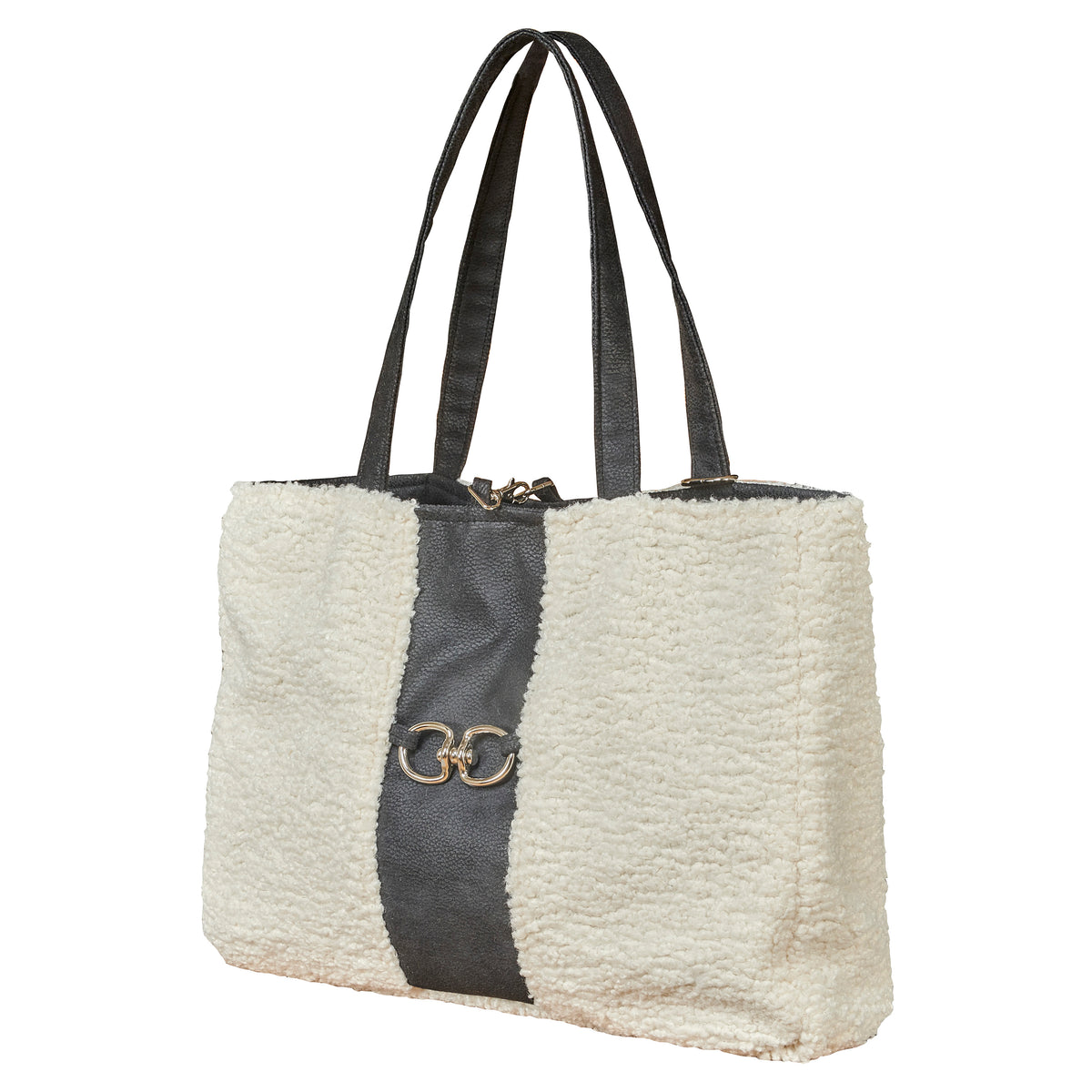 Ivory faux fur dog carrier tote, dark gray stripe and gold buckle on front