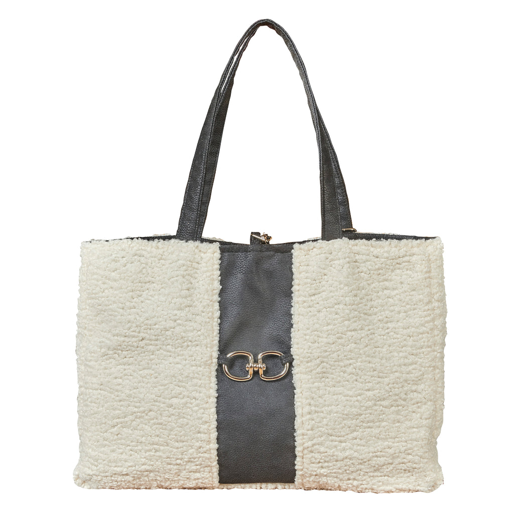 Ivory faux fur dog carrier tote with dark gray center panel and top handles