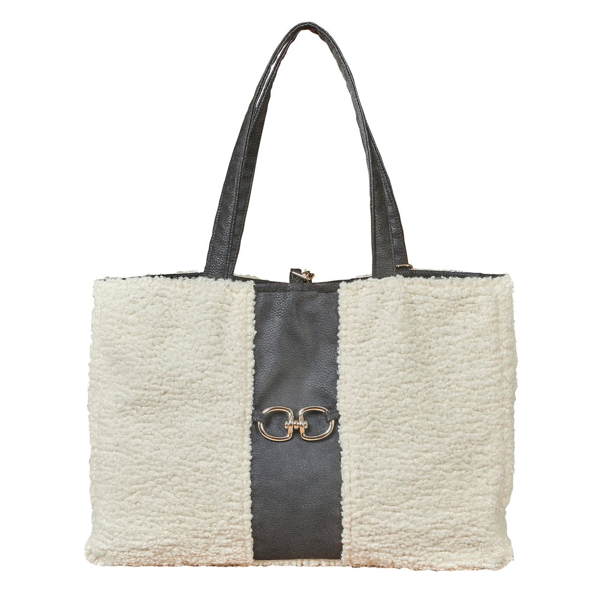 Ivory faux fur dog carrier tote with dark gray center panel and top handles