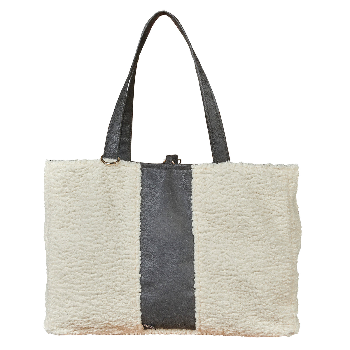 Ivory faux fur dog carrier tote with dark gray center panel and gold clasp