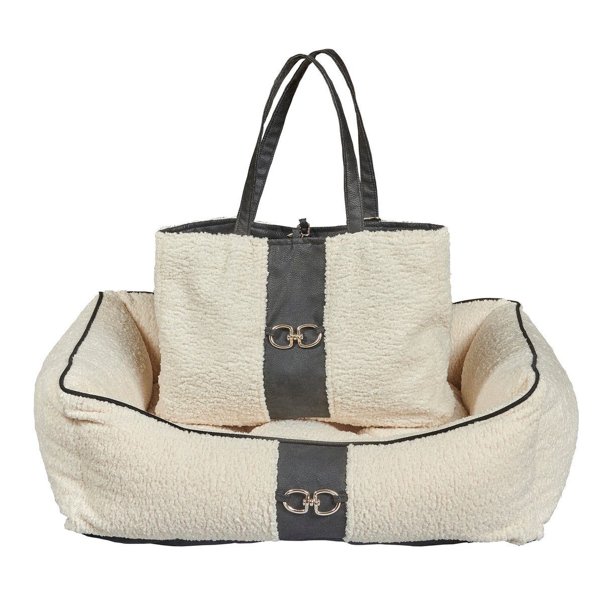 Ivory faux fur dog carrier bed with raised sides, dark gray stripe, and top handles