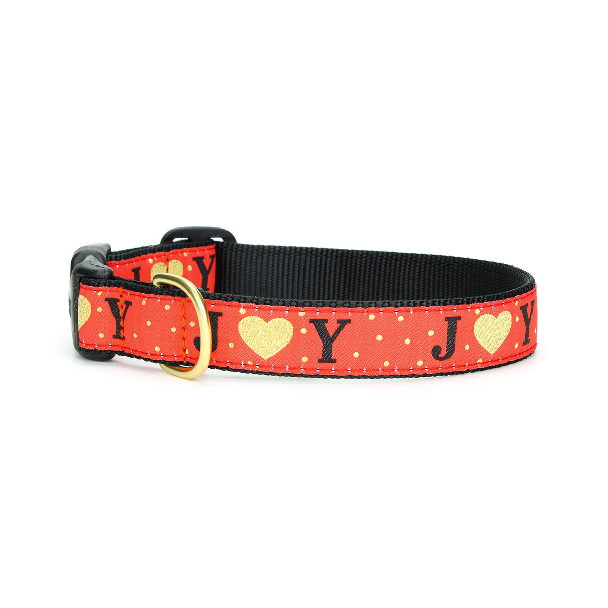 Red holiday dog collar with gold heart and letter pattern, black trim, brass buckle