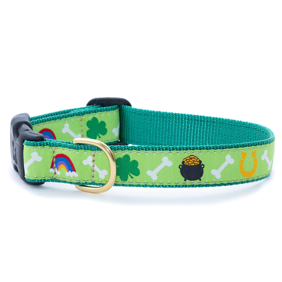 Teal dog collar with rainbow, clover, bone and dog print; metal buckle ring
