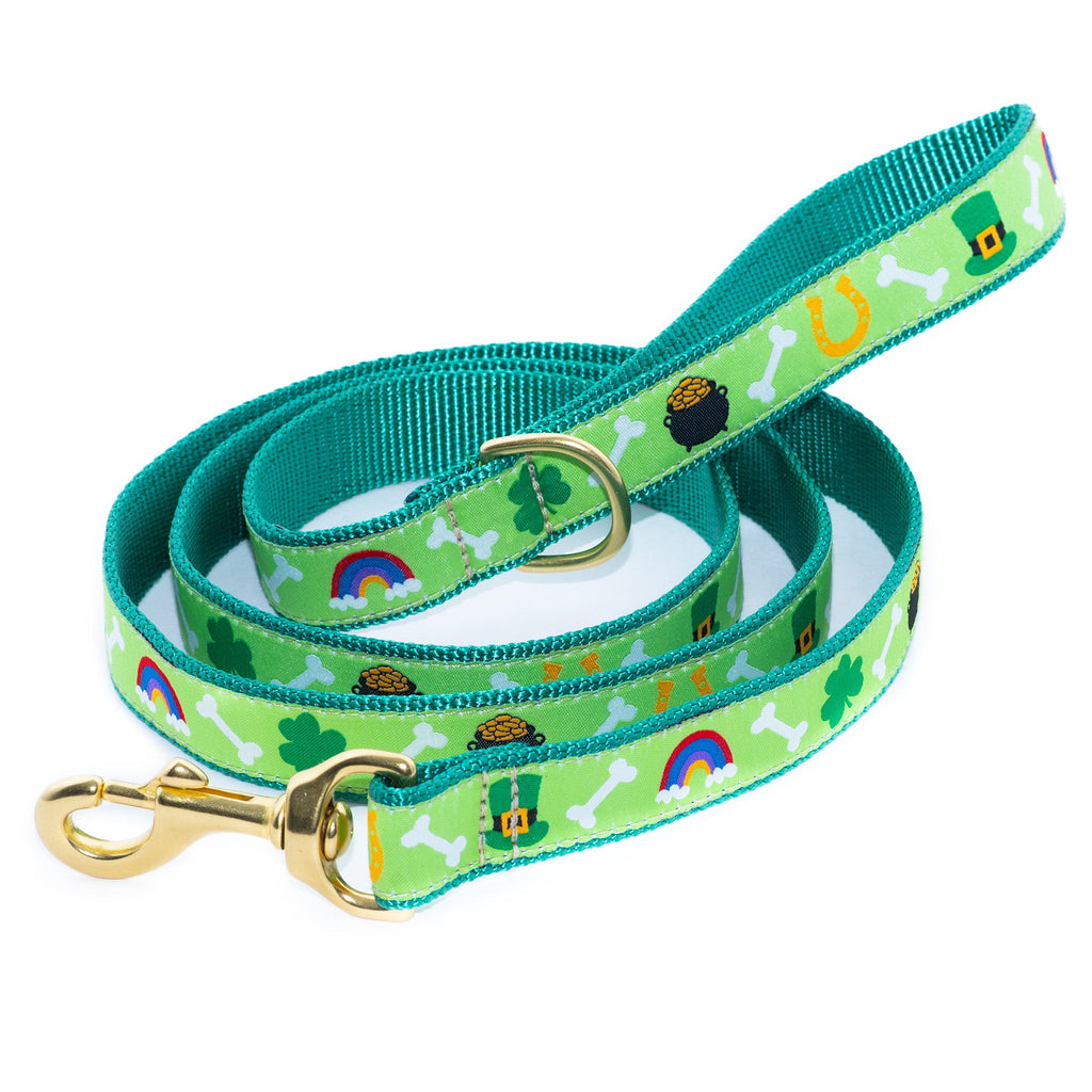 Teal dog collar with rainbow and bone print, paired with matching leash and gold clasp