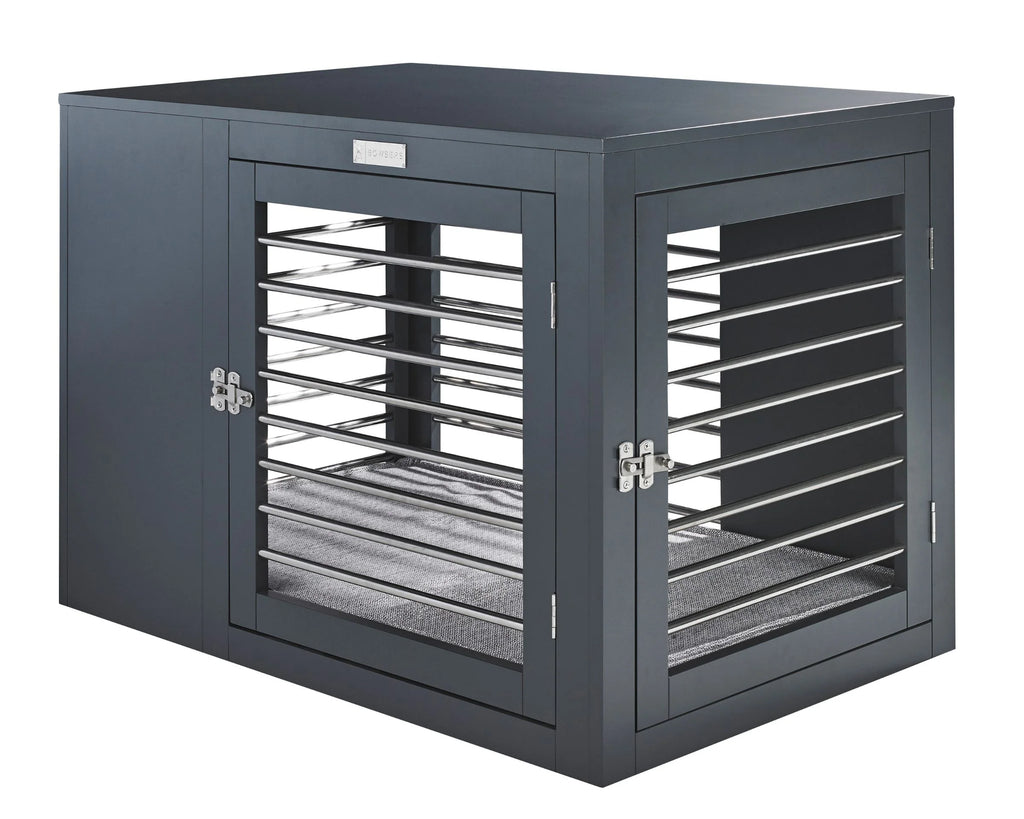 Gray modern luxury dog crate with metal slat doors and built-in pet bed tray insert