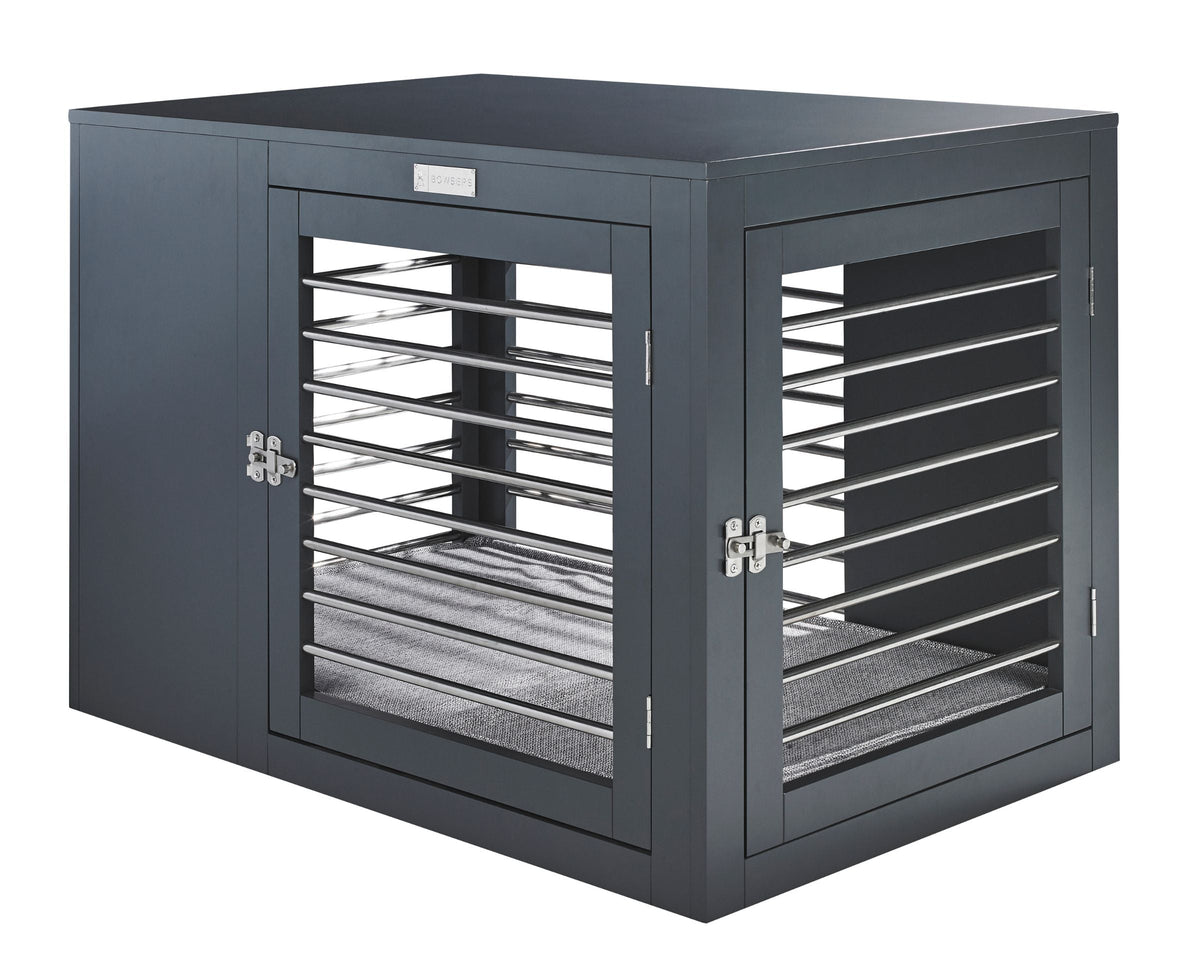 Gray modern luxury dog crate with open front, metal slat panels, and mounted latch hardware