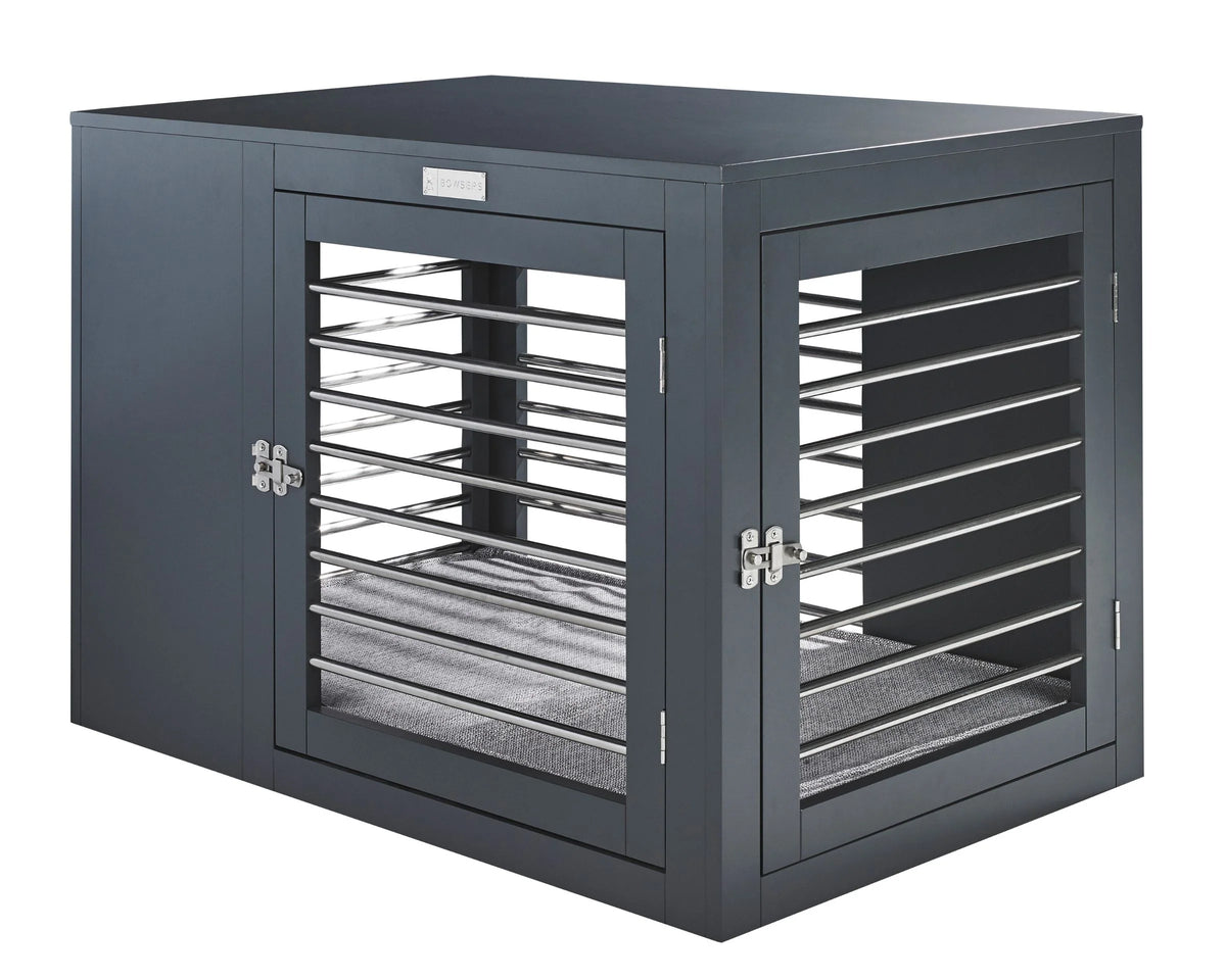 Gray modern luxury dog crate with double doors and metal ventilation slats