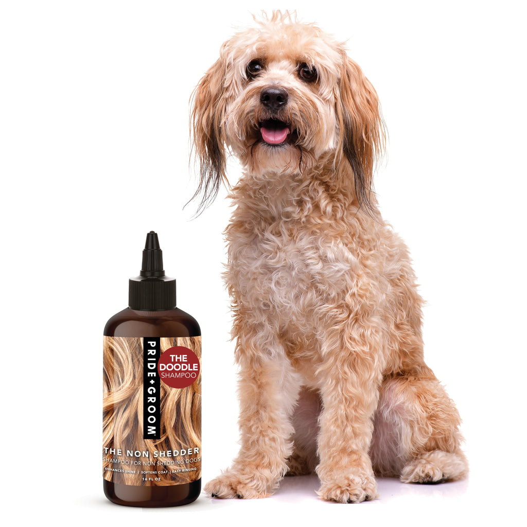 Dog shampoo bottle with dropper-style cap, brown label reading THE NON SHEDDER