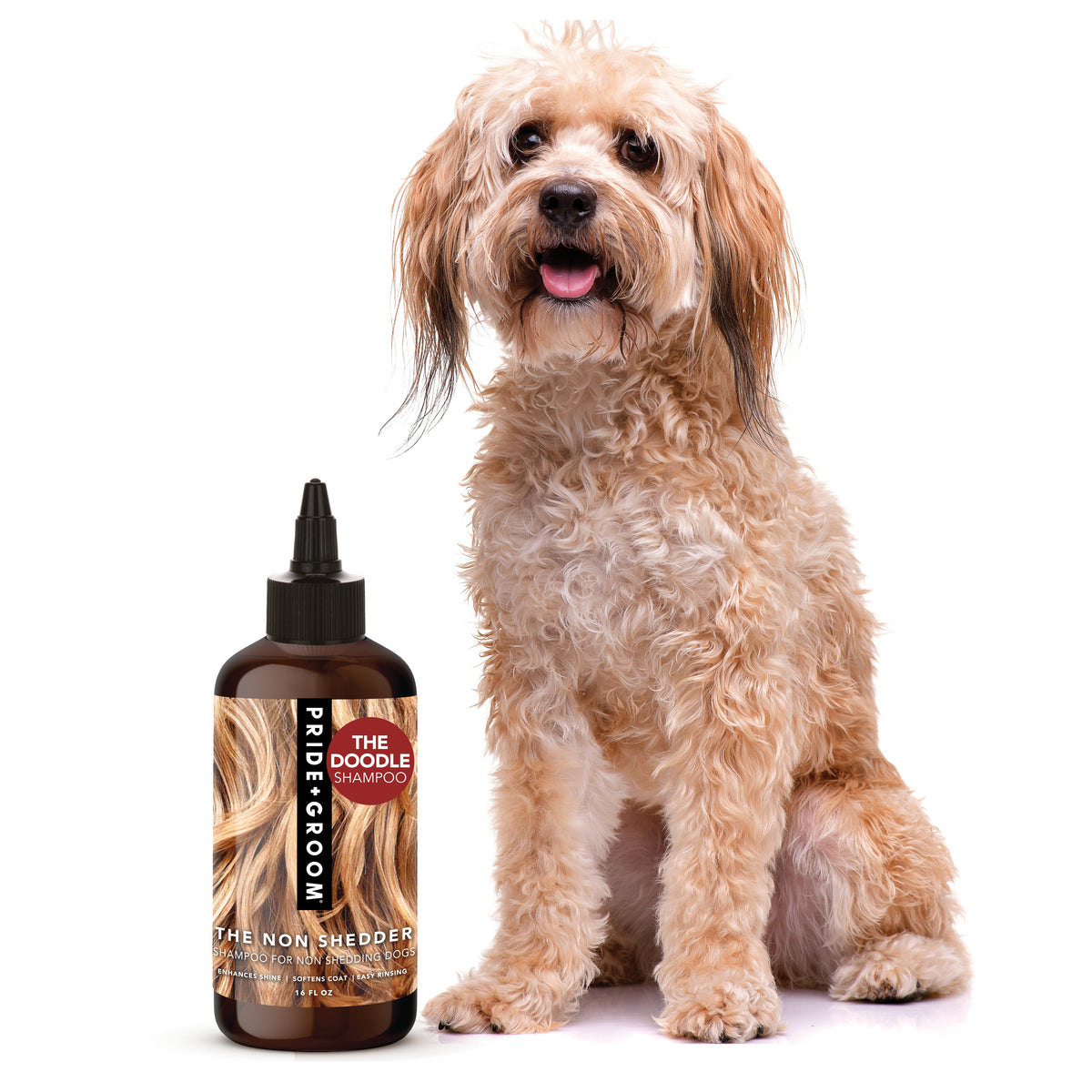 Dog shampoo bottle with dropper-style cap, brown label reading THE NON SHEDDER