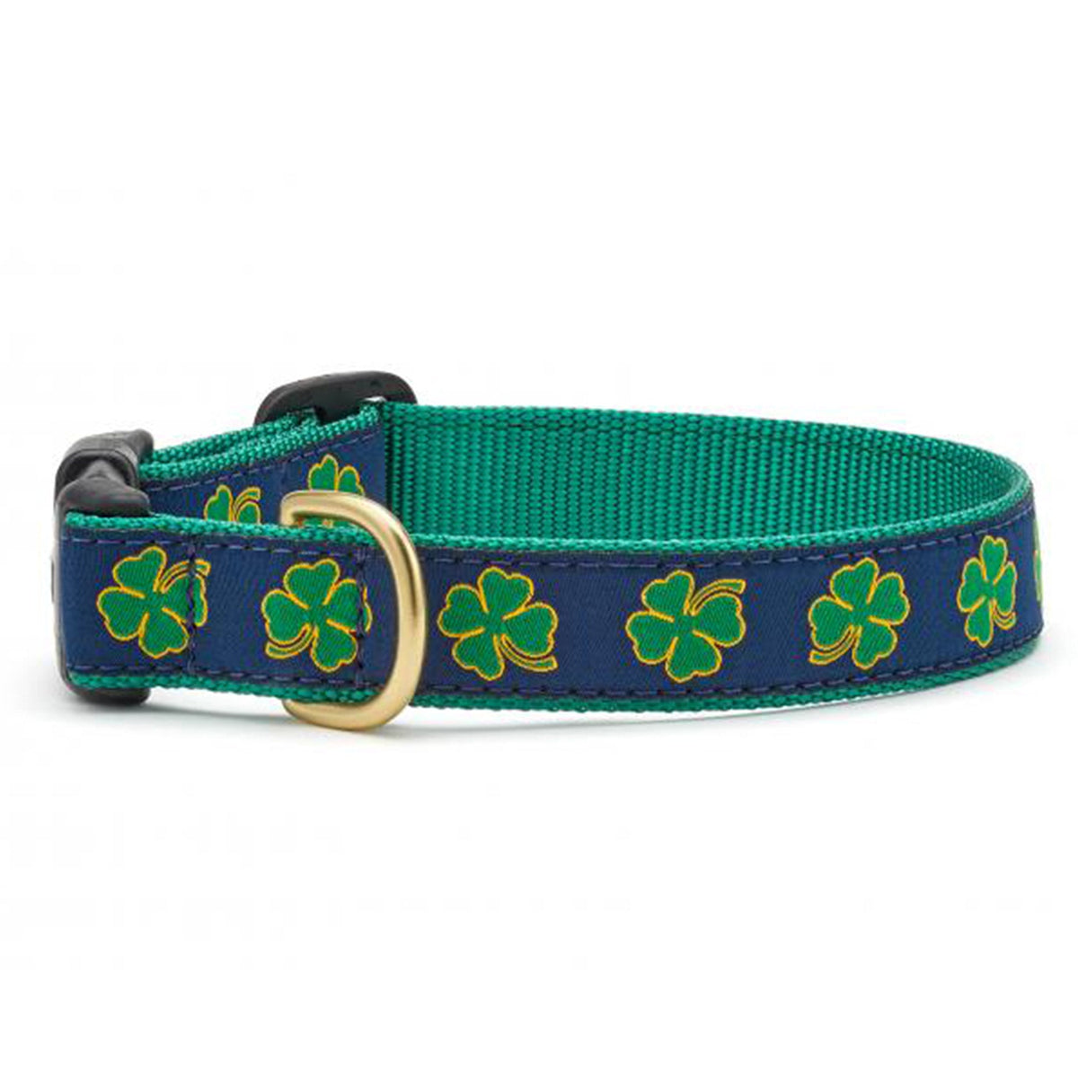 Navy and green shamrock dog collar with gold buckle