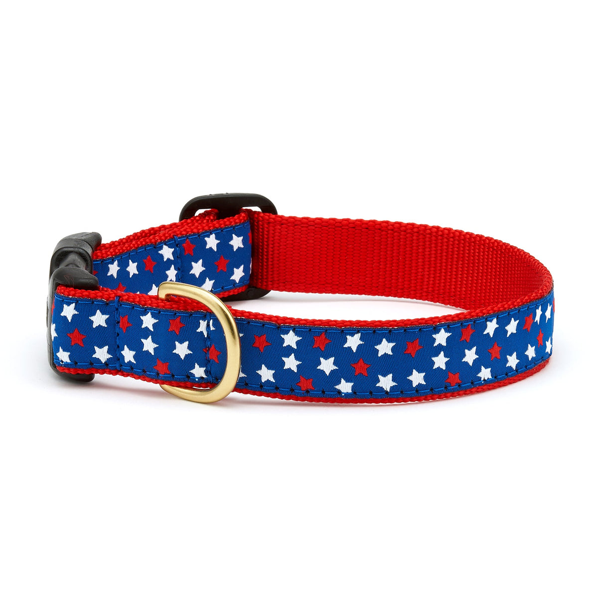 Red and blue star dog collar with metal buckle and D-ring, adjustable strap