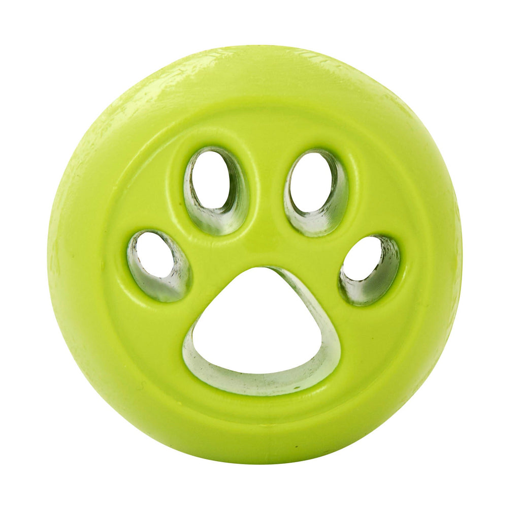 Bright green paw-shaped dog toy ball with five holes and paw cutout
