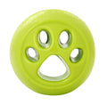 Bright green paw-shaped dog toy ball with five holes and paw cutout