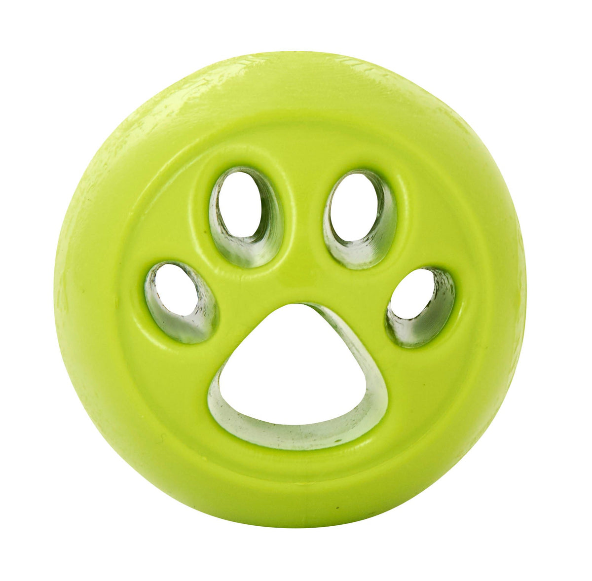 Bright green paw-shaped dog toy ball with five holes and paw cutout