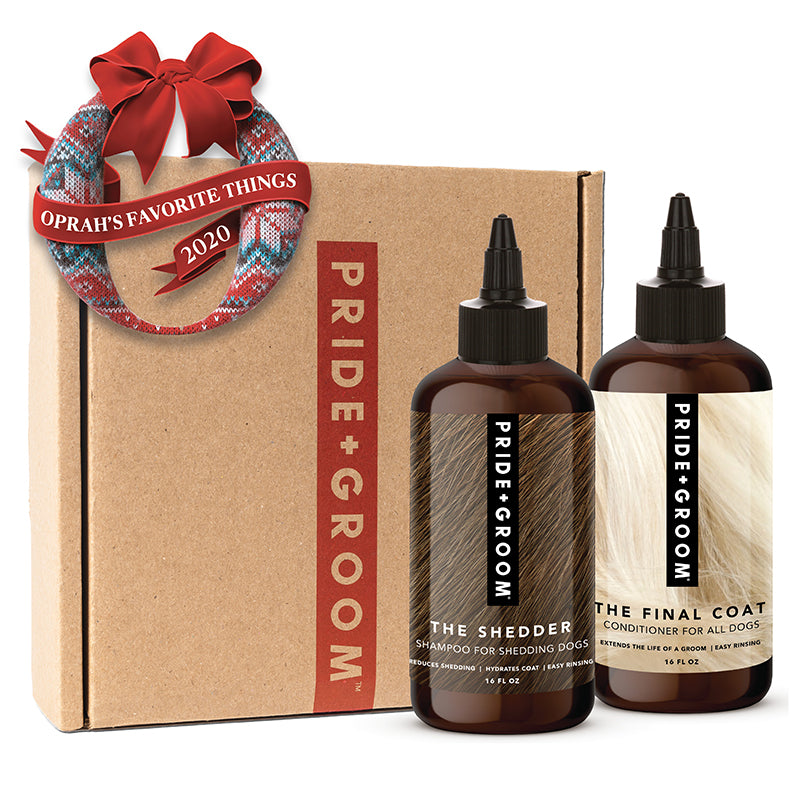 Dog shampoo and conditioner gift box set with two amber bottles and red bow.