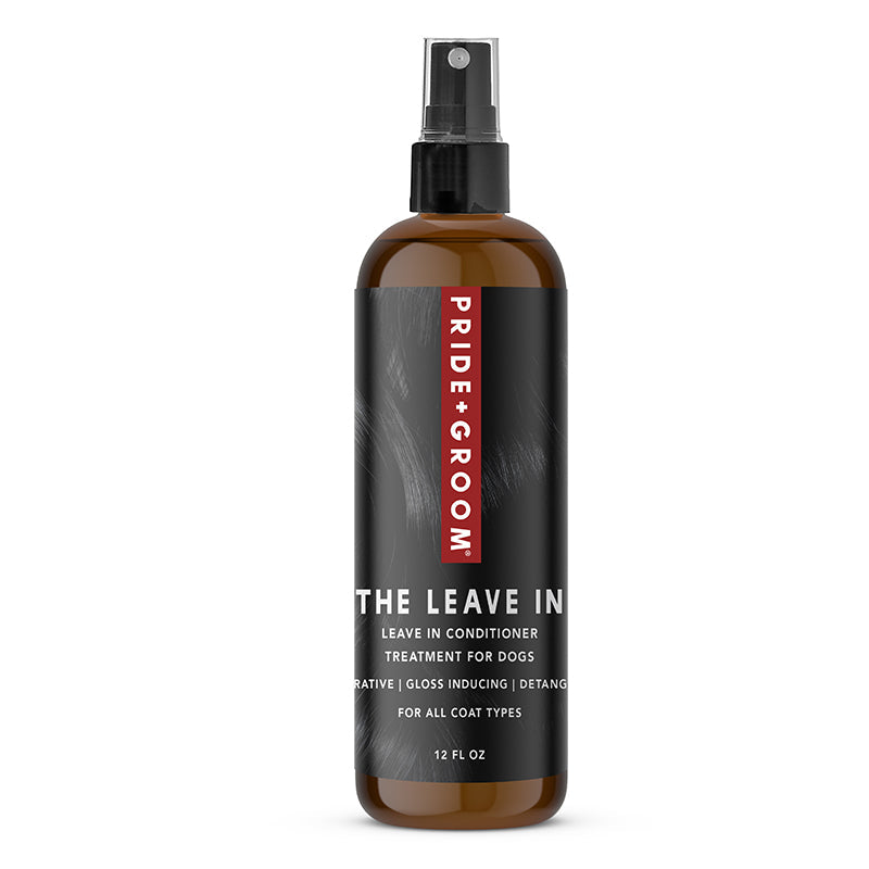 Dog leave-in spray bottle with black pump; brown bottle labeled THE LEAVE IN
