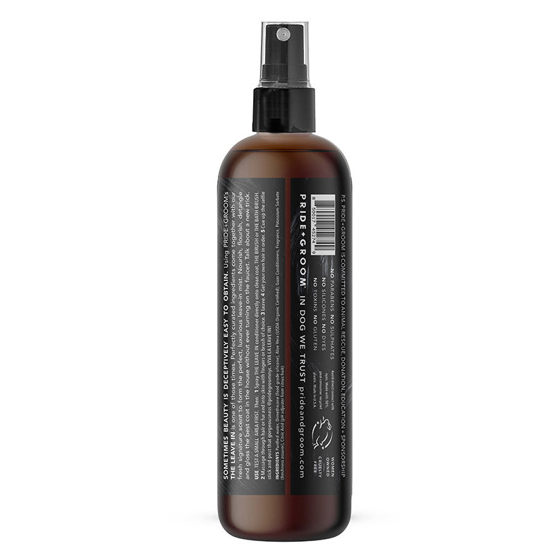 Dog leave-in spray bottle with black pump; brown back label and barcode