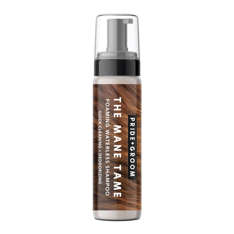 Foaming shampoo bottle with black pump and wood-grain label, Pride+Groom.